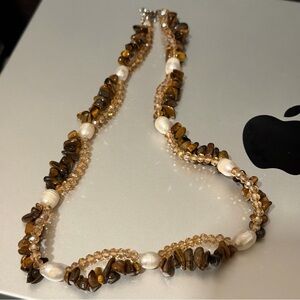 Ttiger agate, freshwater pearl, simulated diamond necklace | Never Worn